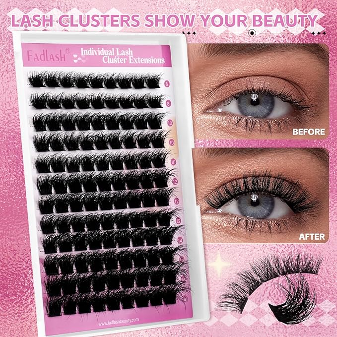 FADLASH Lash Cluster Eyelash Extensions 8-16mm Individual Cluster Lashes D Curl DIY Lash Extension Clusters 3D Effect Eyelash Clusters Volume (Y01-3D-Mix8-16)