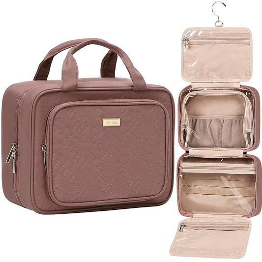NISHEL Travel Toiletry Bag for Women, Makeup Essentials Organizer, Hanging Case for Accessories, Cosmetics, Medium Size, Rosewood-Pink