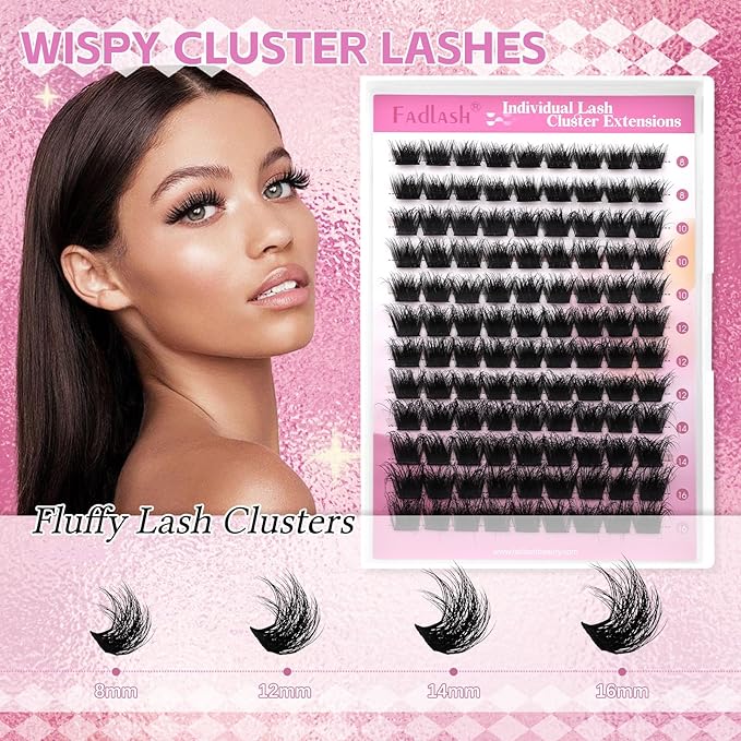 FADLASH Lash Cluster Eyelash Extensions 8-16mm Individual Cluster Lashes D Curl DIY Lash Extension Clusters 3D Effect Eyelash Clusters Volume (Y01-3D-Mix8-16)