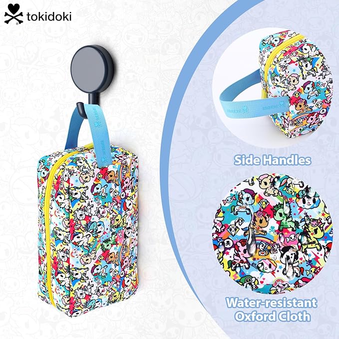 Tokidoki Makeup Bag for Women, Large Capacity Cosmetic Organizer & Toiletry Pouch with Handle, Official Licensed Unicorno Travel Cartoon Portable Makeup Case