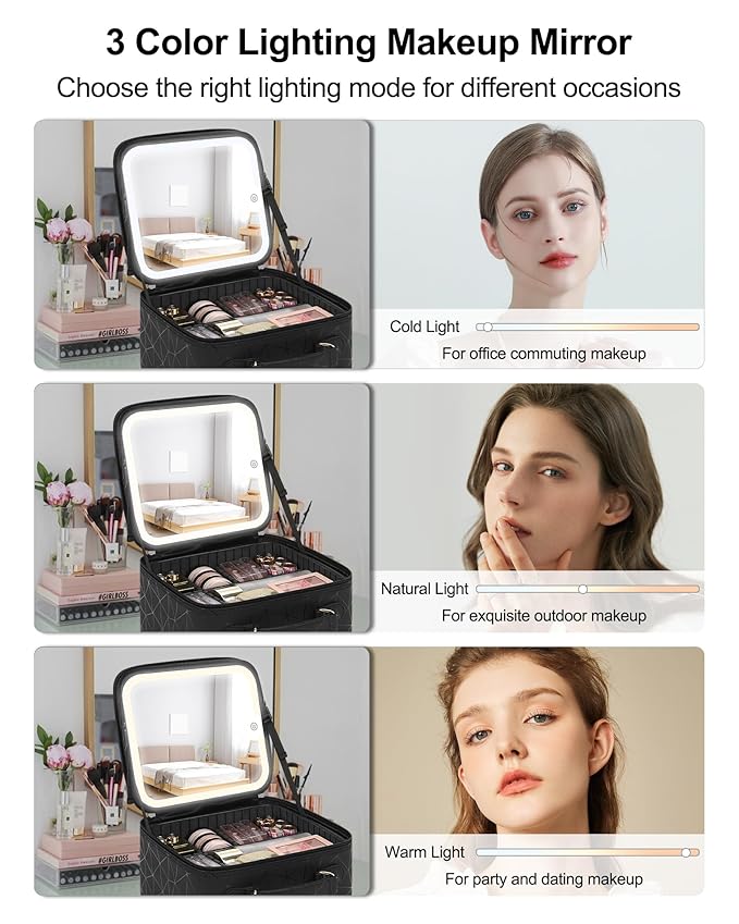 Relavel Travel Makeup Bag With LED Mirror for Women, Cosmetic Organizer Bag with Adjustable Brightness in 3 Color Scenarios, Detachable Dividers, Waterproof Train Case for Daily - Black Strip