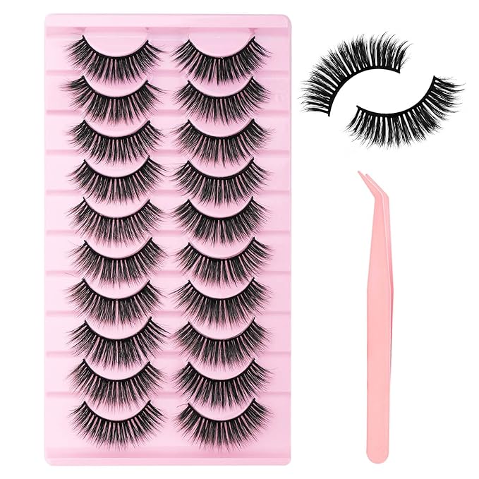 FADLASH False Eyelashes Kit 10 Pairs Mink Lashes Wispy with Tweezer Fake Eyelashes Natural Look Handmade Eyelashes Fake Lashes Strips (LDM-22 Kit)