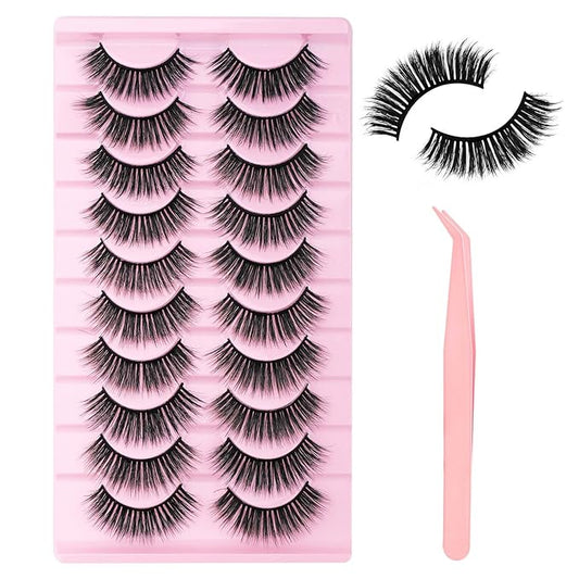 FADLASH False Eyelashes Kit 10 Pairs Mink Lashes Wispy with Tweezer Fake Eyelashes Natural Look Handmade Eyelashes Fake Lashes Strips (LDM-22 Kit)