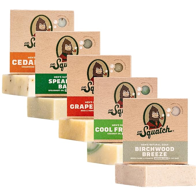 Dr. Squatch Natural Men’s Bar Soap - Cold Process Body Soap Bar with Natural Oils - Gifts for Men - Cool Fresh Aloe, Cedar Citrus, Birchwood Breeze, Spearmint Basil & Grapefruit IPA (5 oz, 5-Pack)