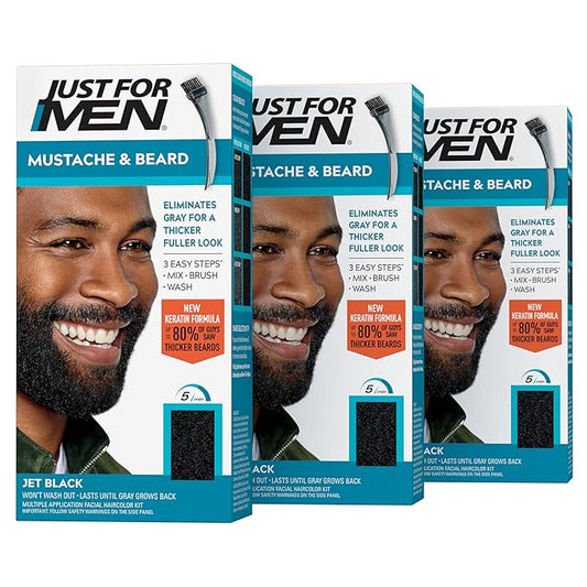 Just For Men Mustache & Beard, Beard Coloring for Gray Hair with Brush, With Keratin Biotin Aloe and Coconut Oil for Healthy Facial Hair - Jet Black, M-60, Pack of 3 (Packaging May Vary)