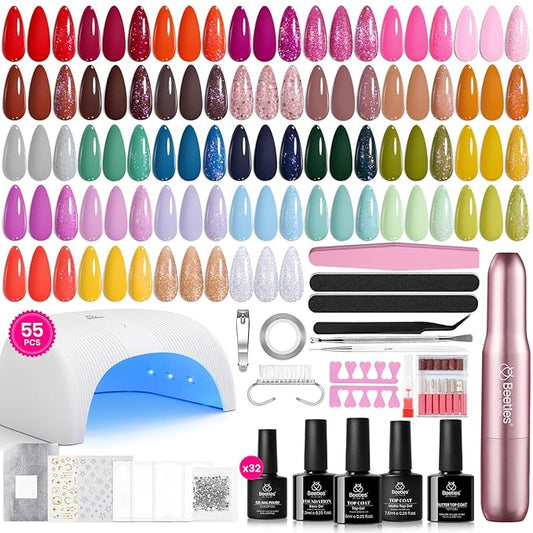 Beetles Gel Nail Polish Kit with U V Light and Nail Drill - 55Pcs Gel Nails Kit 32 Color LuliCore Polka Set with Base Top Coat Professional Manicure Set Home Salon DIY Gifts for Women Teens Girls