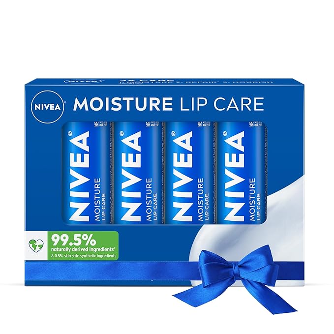 NIVEA Moisture Lip Care, Hydrating Lip Balm with Shea Butter, Nourishing Oils and Vitamin C & E, 3-in-1 Moisture, Repair and Nourish, Holiday Gifts for Self Care, 0.17 Oz Stick, Pack of 4