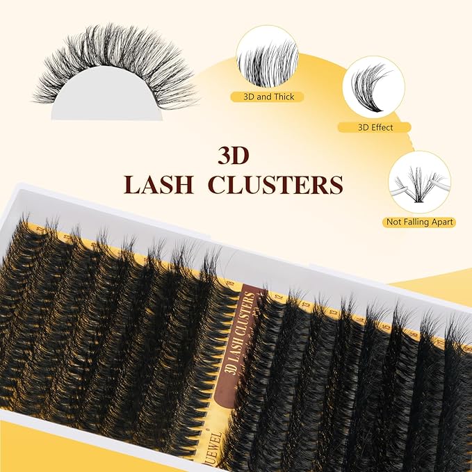 QUEWEL Lash Clusters Kit, 280Pcs 70D+90D 3D Lash Cluster Eyelash Extensions 10-18mm Lash Clusters Kit with Lash Bond and Seal and Lashes Tweezers Easy DIY at Home (70+90D 3D Kit)