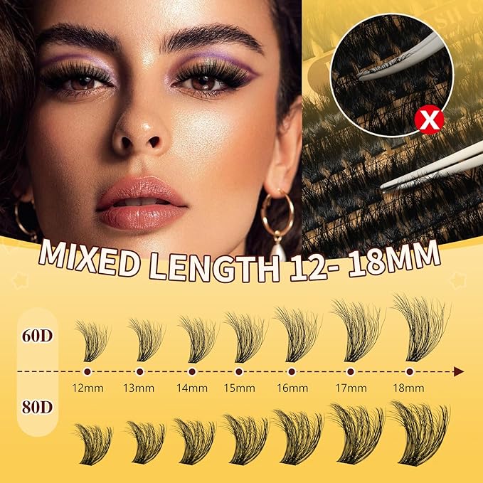 QUEWEL Lash Clusters Kit, 320Pcs 60D+80D 3D Lash Cluster Eyelash Extensions 12-18mm Lash Clusters Kit with Lash Bond and Seal and Lash Tweezers Easy DIY at Home(60+80D 3D Kit)