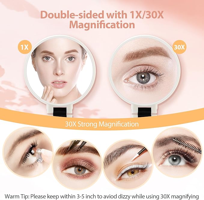 B Beauty Planet 30X Magnifying Mirror, Hand Mirror with Handle, Double Sided Hand Mirror with 30X/1X Magnification, Travel Essential Portable Foldable Makeup Mirror for Precision Makeup White