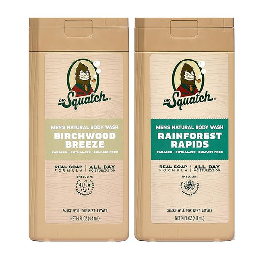 Dr. Squatch Natural Men's Body Wash Shower Gel - Cleansing, Nourishing, Long Lasting Scent, Moisturizing Body Wash for Men - Birchwood Breeze + Rainforest Rapids (14 oz, 2-Pack)