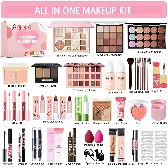 All in One Makeup Kit Makeup Set for Women Full Kit, Make Up Gift Set for Women Teens Girls, Makeup Essential Bundle Includes Eyeshadow Foundation Lipsticks Mascara Eyeliner Cosmetic Brush Set