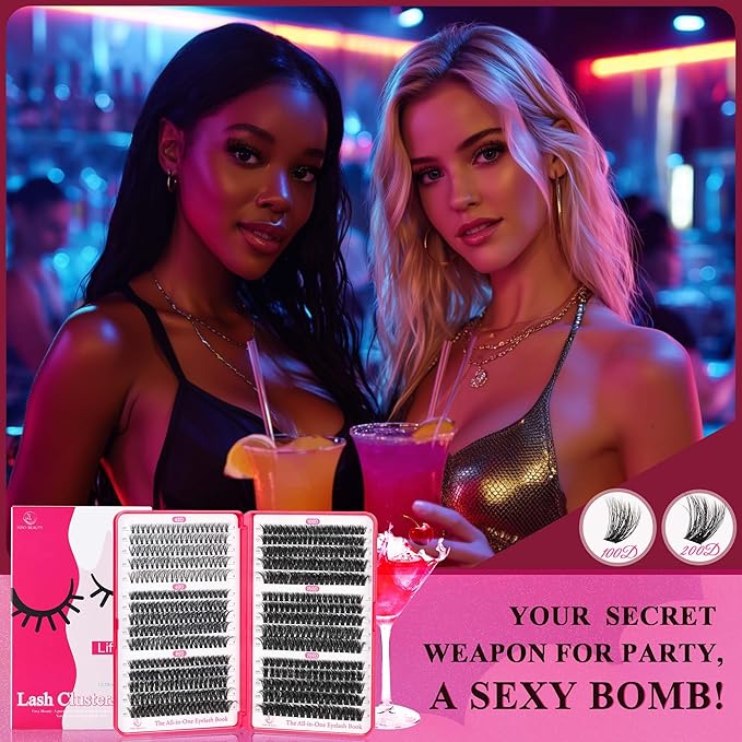 Bombshell PLUS 570Pcs Fluffy Lash Clusters - 10-18mm Thick D Curl Eyelash Clusters (200D Volume) - DIY Eyelash Extensions at Home - Perfect for Women's Natural & Glam Looks with dark skin