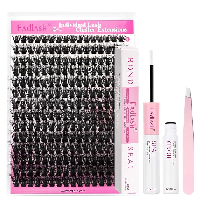 FADLASH Lash Extension Kit 100D Lash Clusters C Curl Lash Cluster Kit DIY Eyelash Extension Kit with Lash Bond and Seal Lash Tweezer 3D Fluffy Cluster Lashes (Kit, 100D-0.07C-Mix8-16)