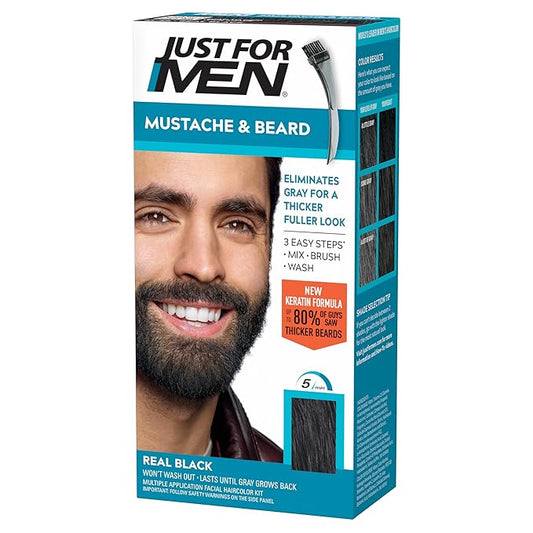 Just For Men Mustache & Beard, Beard Dye for Men with Brush Included, With Keratin Biotin Aloe and Coconut Oil for Healthy Facial Hair - Real Black, M-55, Pack of 1 (Packaging May Vary)