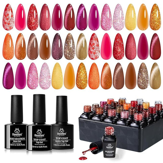 Beetles Gel Nail Polish Set – Opulent Glow Cat Eye Gel Polish, 20 Colors Red Orange Yellow Glitter Brown, Soak Off UV LED with Base Glossy Matte Top Coat for DIY Manicure Gift for Women