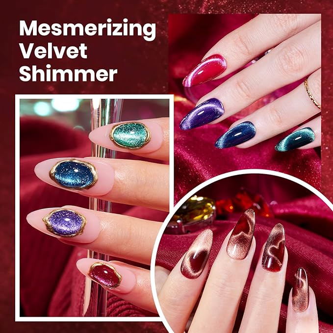 Beetles Cat Eye Gel Nail Polish Set - 6 Colors 15ML Glitter Gel Polish Kit Red Pink Brown Burgundy Purple Blue Green Magnetic Stunning Effect Soak Off UV Nail Art DIY Home Manicure Gift for Women