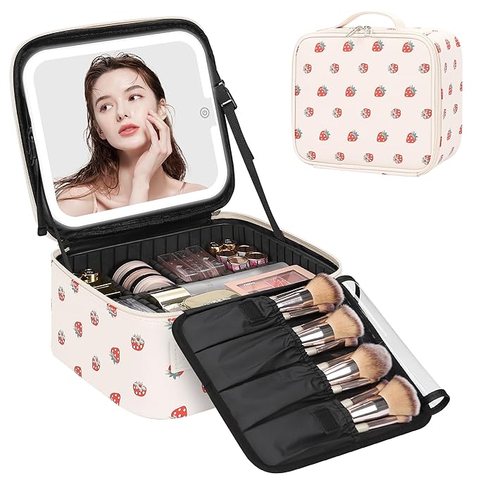 Relavel Travel Makeup Bag with LED Mirror, Portable Cosmetic Train Case with 3 Color Lighted Brightness Mirror, Makeup Artist Organizer Storage with Adjustable Dividers Make Up Box - White Strawberry