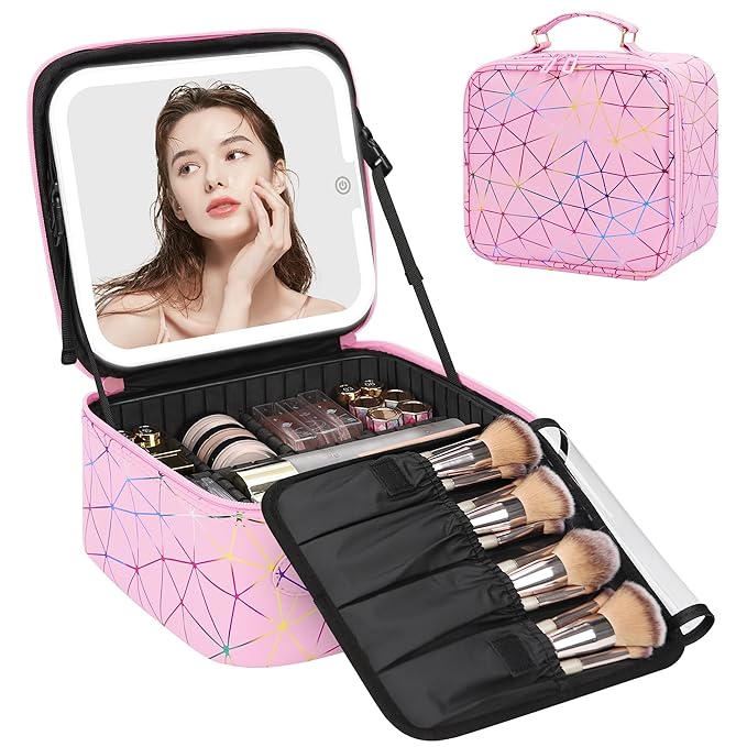 Relavel Travel Makeup Bag with LED Mirror, Portable Cosmetic Train Case with 3 Color Lighted Brightness Mirror, Makeup Artist Organizer Storage with Adjustable Dividers Make Up Box - Pink Strip