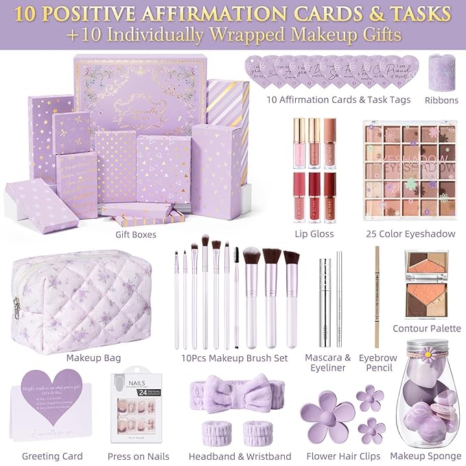 Teen Girl Gifts Trendy Stuff, 10 Positive Affirmation Cards & Empowering Challenges to Unlock 10 Wrapped Makeup Gift Set Motivational Birthday Easter Egg Stuffers Gift Basket for Tween & Teenage Girls