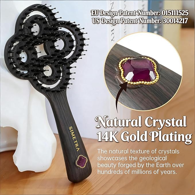 Simetra Detangler Hair Brush for Women and Men, Holiday Present - Original Detangling Brush for Curly Hair/Wet & Dry Hair, Natural Boar Bristles Hairbrush - Natural Crystal Inlay & 14K Gold Plating