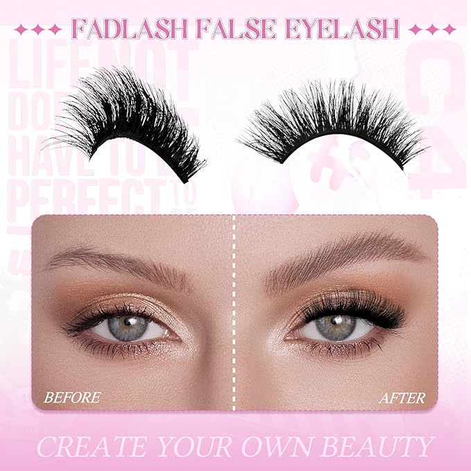 FADLASH False Eyelashes 14 Pairs Faux Mink Lashes Wispy Fake Eyelashes Natural Look 3D Volume Soft Fluffy Lashes Handmade Eyelashes Cat Eye Lashes Fake Lashes Strips (LZ-DD-14)