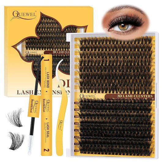QUEWEL Lash Clusters Kit, 320Pcs 60D+80D 3D Lash Cluster Eyelash Extensions 12-18mm Lash Clusters Kit with Lash Bond and Seal and Lash Tweezers Easy DIY at Home(60+80D 3D Kit)