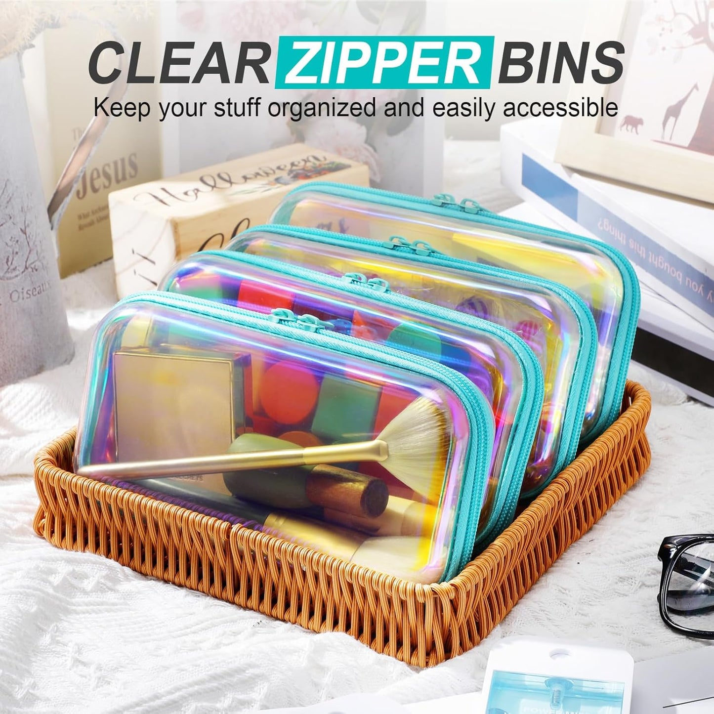 Hoolerry 4 Pcs Hard Clear Zipper Case Makeup Bags Plastic Pencil Pouch Transparent Storage Box Containers for Cosmetics, Snacks, Building Blocks, Puzzles(Blue Laser,7.5 x 3.9 x 2 in)