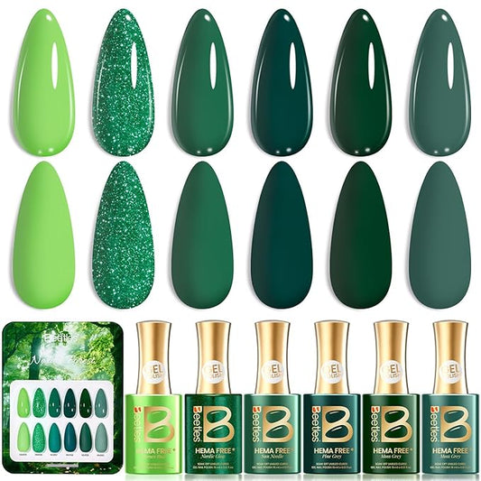 Beetles Green Gel Polish Set, Hema Free 6 Colors Light Dark Green Color Gel Nail Polish Soak off UV Led Lamp Needed Manicure DIY Salon Home St Patrick Day Gifts for Women Mordiic Forest