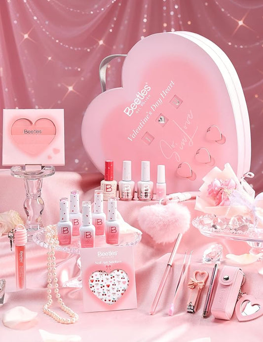 Beetles So In Love Collection – Glow In Love Valentine Gel Nail Polish Set, Pink Gel Nail Art Set with Base Top Coat Mini Rose Bouquet, Salon DIY at Home Valentine's Day Gift for Women Wife Girlfriend