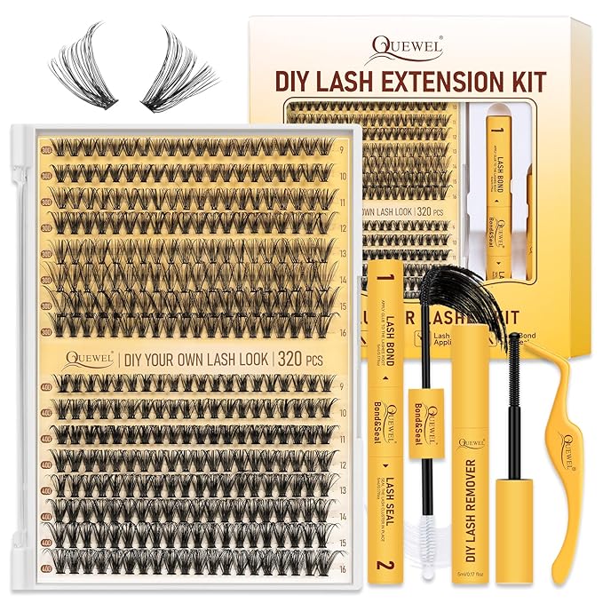 QUEWEL Lash Clusters Kit, 320 Pcs 30D+40D Lash Cluster Eyelash Extensions 9-16mm Lash Clusters Wispy Kit with Eyelash Clusters Bond and Seal Glue Remover Tweezers (30D+40D Kit)