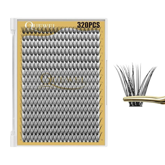 QUEWEL Lash Clusters 320Pcs Cluster Lashes 40D D Curl Lash Cluster Eyelash Extensions Mix12-18mm Individual Eyelashes Clusters Wispy Lash Clusters Thin Band Soft to Use at Home(40D D Mix12-18)