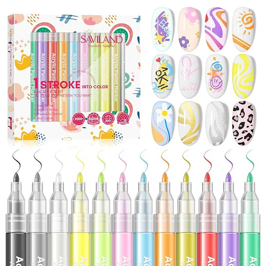 SAVILAND Nail Art Pens Set: 12 Colors 0.7mm 3D Nail Polish Pens Acrylic Paint Markers for Nail Art Design, Drawing Painting Pen Dotting Liner Brush DIY Manicure Tools Kit for Home Salon Use