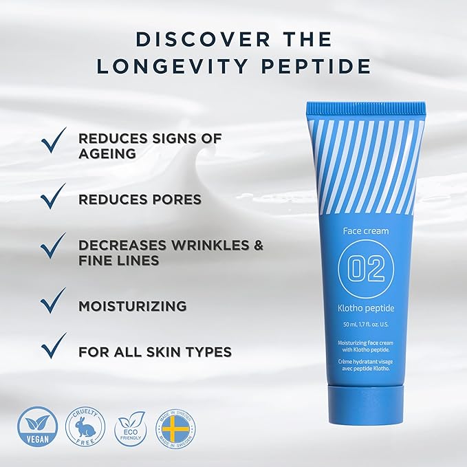 EiE 02 Klotho Peptide Cream Face Moisturizer – Rare Groundbreaking Peptides Face Cream for Women with Hyaluronic Acid, Sagging Skin, Fine Lines and Wrinkles Treatment, Made in Sweden, 1.7 fl. Oz