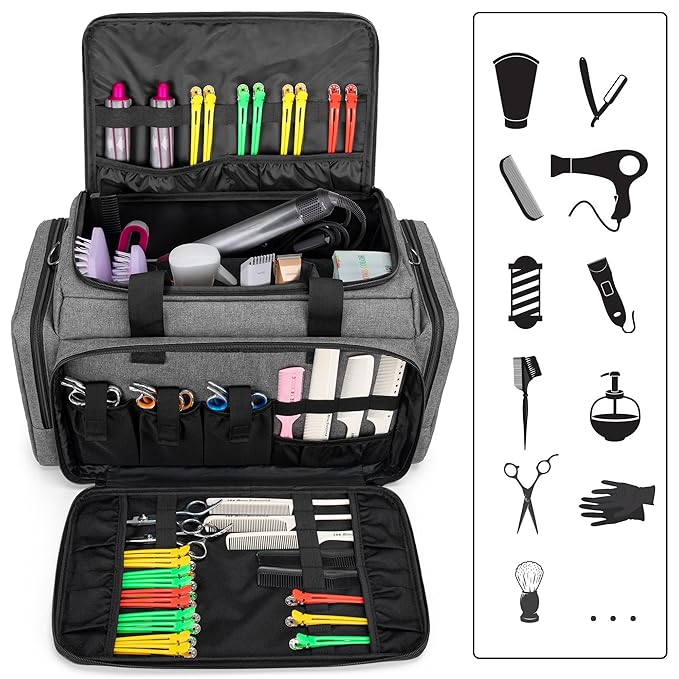 BAFASO Large Capacity Hairdresser Bag with Adjustable Dividers, Travel Barber Case Holds Various Hair Cutting Tools (NO ACCESSORIES), Gray