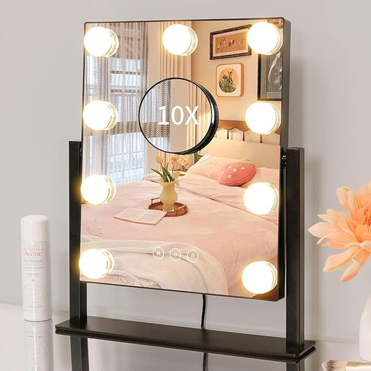 Vanity Mirror with Lights,Lighted Vanity Mirror with 9 Dimmable Bulbs for Dressing Room & Bedroom,3 Color Lighting,Modes Detachable 10x Magnification 360°Ratation (Black) 12" L x 14.4" W