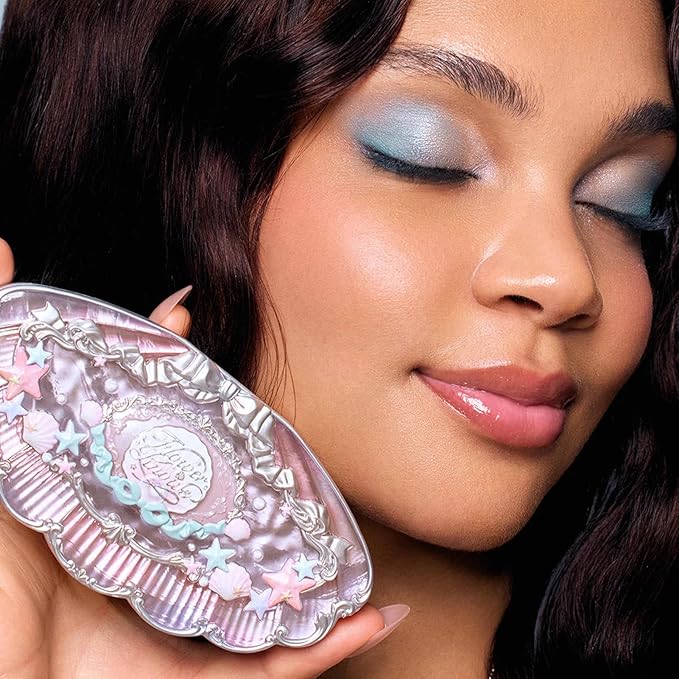 Flower Knows Shell's Jewel 6-Color Makeup Palette,Pink Blue Face Makeup Palette with 4 Matte + 2 Shimmer Shades,Blendable Smooth Cute Make Up,0.23 Oz(02 Mermaid's Tears)