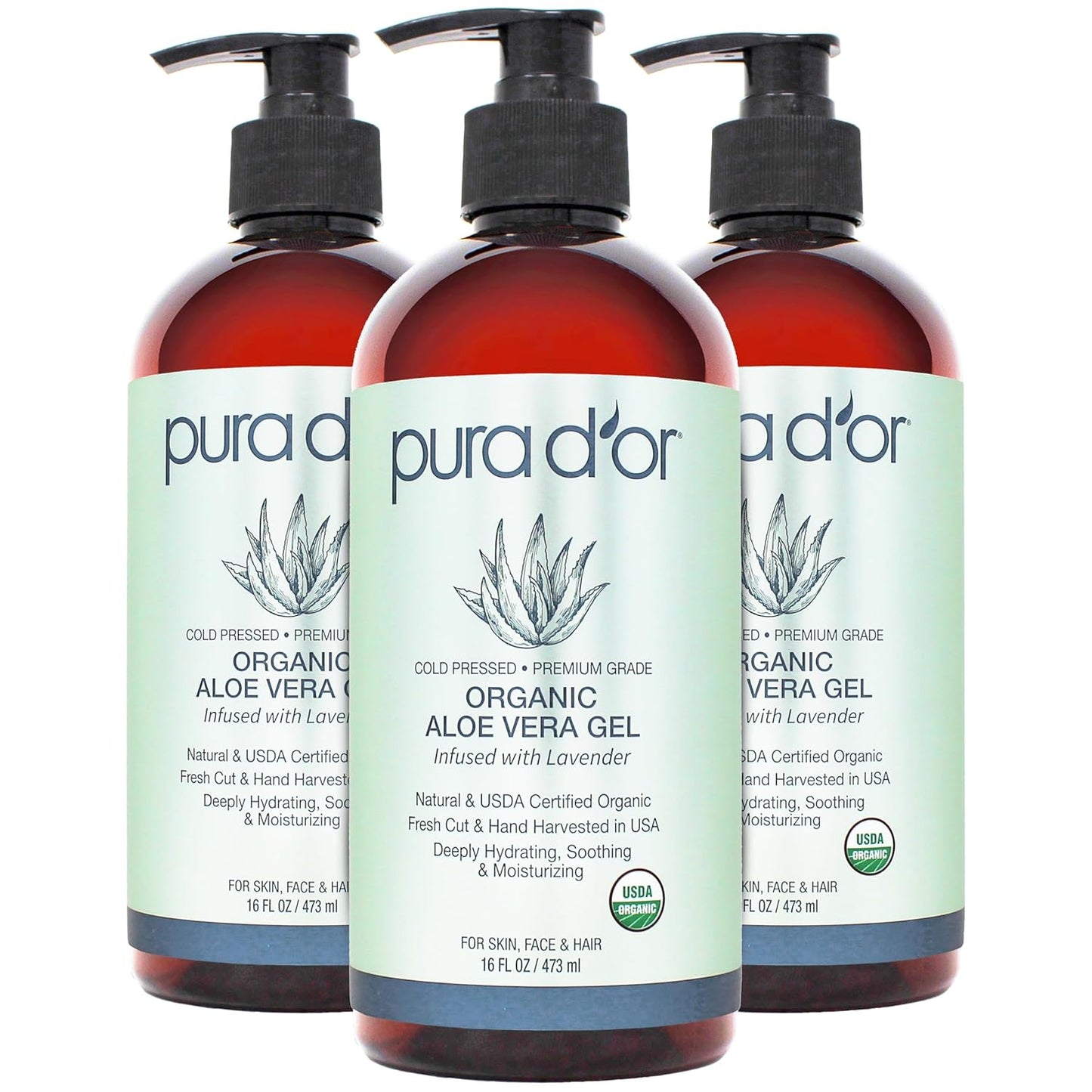 PURA D'OR ORGANIC Aloe Vera Gel Lavender (16 Oz X 3) All Natural - ZERO Artificial Preservatives - Deeply Hydrating & Moisturizing - Sunburn, Bug Bites, Rashes, Small Cuts, Eczema Relief - Skin & Hair