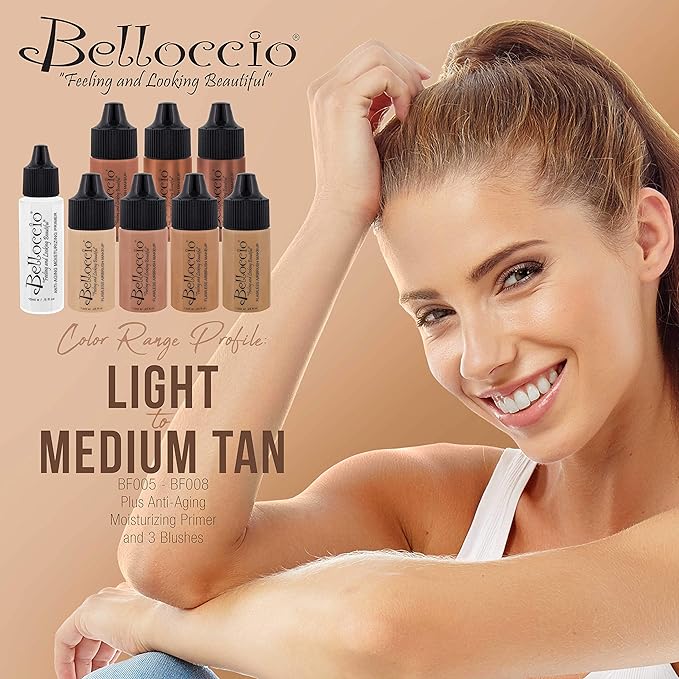 Belloccio Professional Beauty Airbrush Cosmetic Makeup System with 4 Medium Shades of Foundation in 1/4 Ounce Bottles - Kit Includes Blush, Bronzer and Highlighters