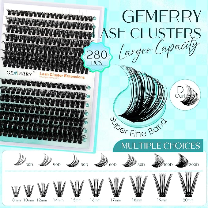 Lash Clusters GEMERRY 280pcs Clusters Lashes D Curl Soft&Natural Individual Lashes Cluster Eyelash Clusters DIY Lash Extensions at Home（40P+50P-18mm)