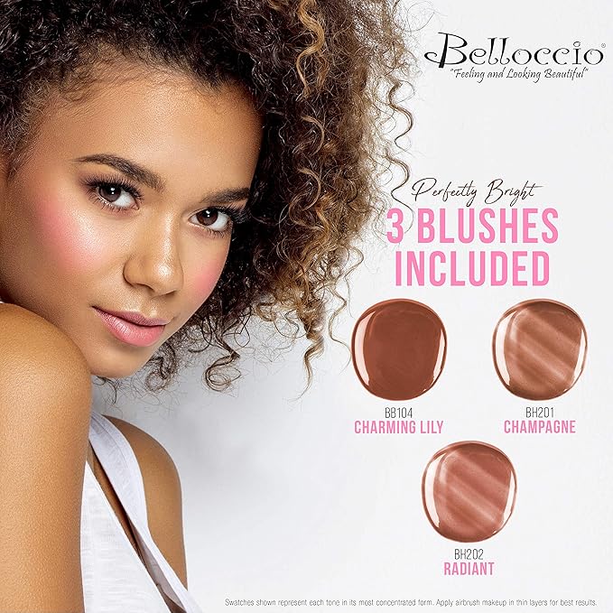 Belloccio Professional Beauty Airbrush Cosmetic Makeup System with 4 Tan Shades of Foundation in 1/4 Ounce Bottles - Kit Includes Blush, Bronzer and Highlighter and 3 Bonus Items and a Video Link