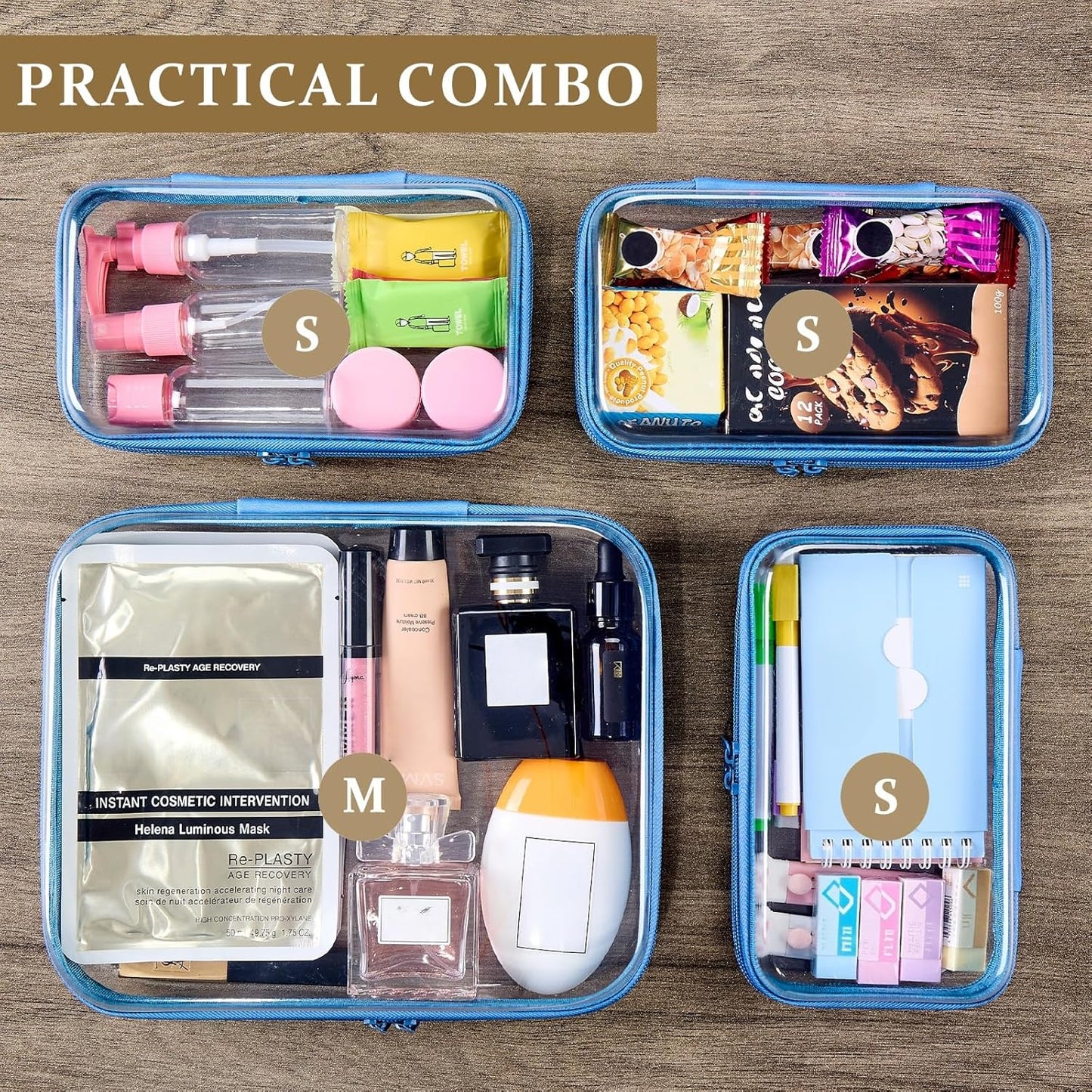 4 pcs Clear Zipper Pouches,Hard Shell Zipper Case, Toiletry Bag for Travel, CLear Diaper Bag, Toiletry Pouch, Travel Organizer, Clear Cosmetic Bag,Toy Storage Bins (M+3S) (Blue)