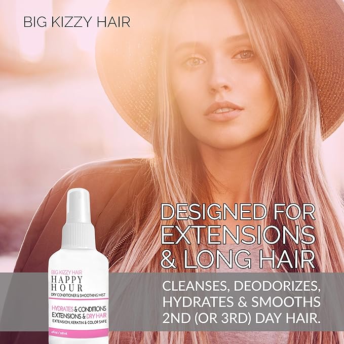 Big Kizzy Happy Hour Dry Conditioner Spray - Marula Oil adds Moisture + Shine to dry and damaged hair - Smoothing Spray removes Frizz on all Hair Types and Textures with No Residue, 4 oz