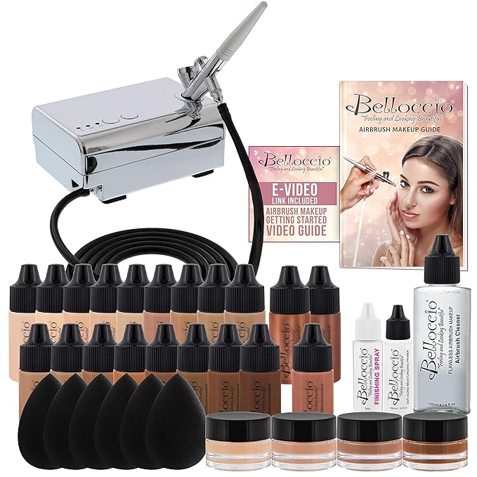 Complete Professional Belloccio Airbrush Cosmetic Makeup System with a MASTER SET of All 17 Foundation Color Shades in 1/4 oz Bottles - Blush, Bronzer, Highlighters