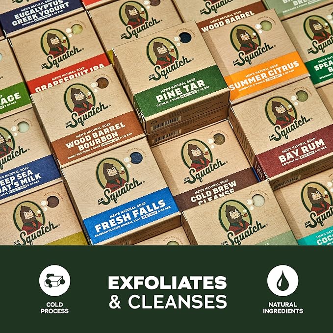 Dr. Squatch Natural Men’s Bar Soap - Cold Process Body Soap Bar with Natural Oils - Gifts for Men - Mountain Meadow, Sandalwood Summit, Lumberjack Lodge, Fresh Falls & Birchwood Breeze (5 oz, 5-Pack)