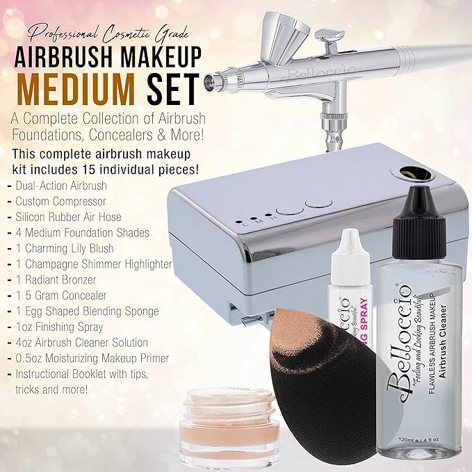 Belloccio Professional Beauty Airbrush Cosmetic Makeup System with 4 Medium Shades of Foundation in 1/4 Ounce Bottles - Kit Includes Blush, Bronzer and Highlighters