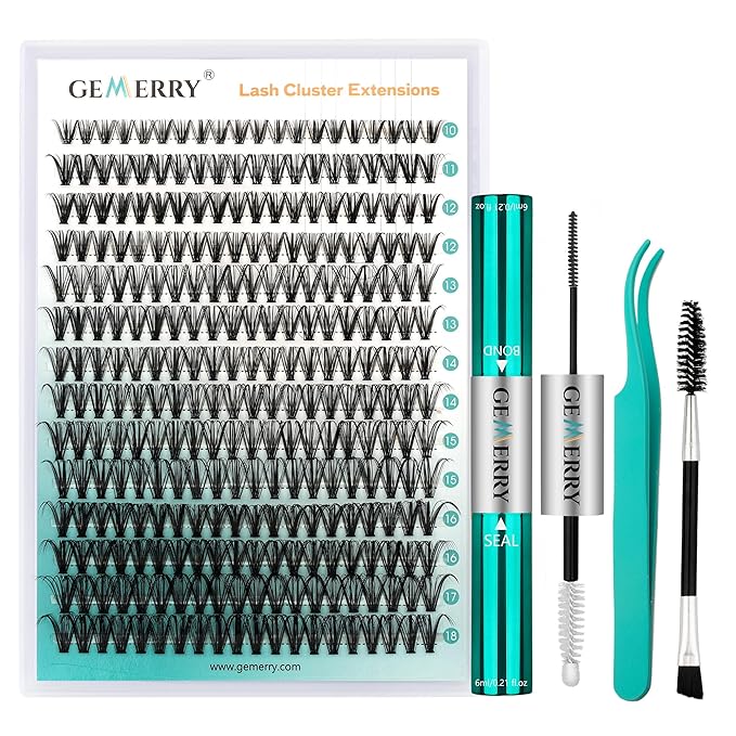 GEMERRY Lash Extension Kit DIY 280pcs Lash Clusters Kit Eyelash Extension Kit D Curl Individual Lashes Kit with Lash Bond and Seal Lash Tweezers for Self Use（30P-10-18mm)