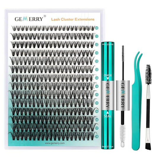 GEMERRY Lash Extension Kit DIY 280pcs Lash Clusters Kit Eyelash Extension Kit D Curl Individual Lashes Kit with Lash Bond and Seal Lash Tweezers for Self Use（30P-10-18mm)