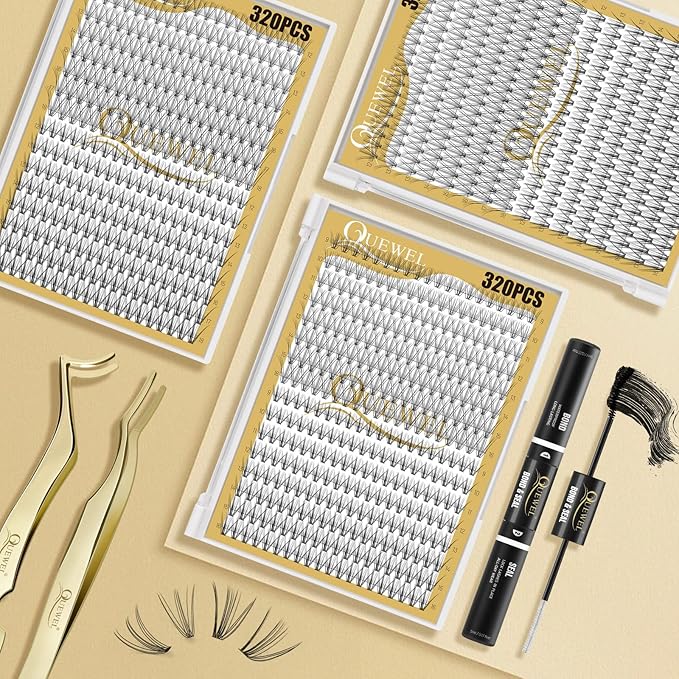 QUEWEL Lash Clusters 320Pcs Cluster Lashes 10D+20D C Curl Lash Cluster Eyelash Extensions Mix12-18mm Individual Eyelashes Clusters Wispy Lash Clusters Thin Band Soft to Use at Home(10D+20D C Mix12-18)