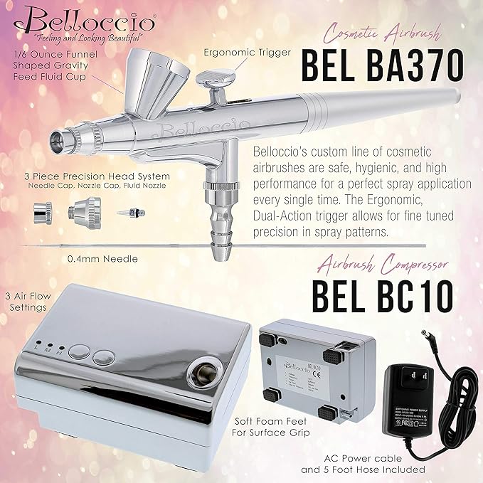 Belloccio Professional Beauty Airbrush Cosmetic Makeup System with 4 Tan Shades of Foundation in 1/4 Ounce Bottles - Kit Includes Blush, Bronzer and Highlighter and 3 Bonus Items and a Video Link